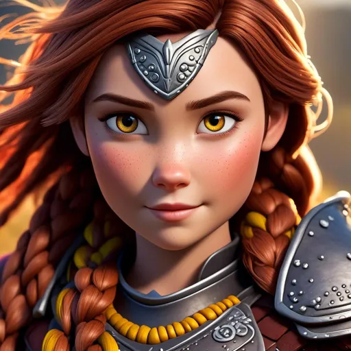 Prompt: <mymodel>CGI Animation of a viking female, brown hair with some braids, hazel eyes, bright red gear and armor, yellow highlights and textures, dragon scale textures and armor, intricate details, high quality, digital painting, cool tones, dramatic lighting