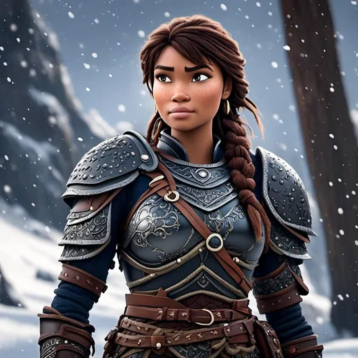 Prompt: <mymodel>animated CGI style, viking female warrior, detailed braided hair and battle scars, rugged and weathered armor, intense and determined gaze, snowy and rugged landscape, fierce, warrior, detailed hair, battle scars, snowy landscape, intense gaze, weathered armor, dramatic lighting