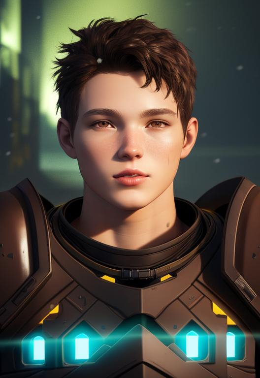 Prompt: Digital art, 25-year-old viking man, black wavy hair, brown eyes, yellow gear, unreal engine 64k octane, 3d lighting, full body, full armor