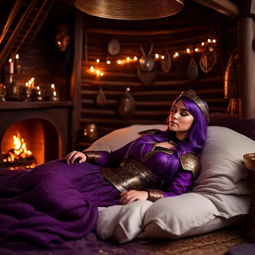 Prompt: Photo of <mymodel> lying down on her bed in her viking house