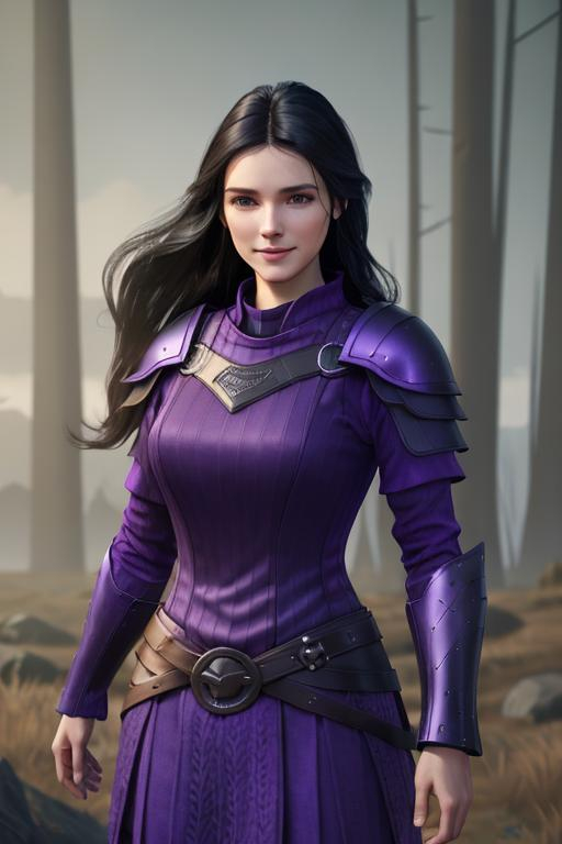 Prompt: Digital Art, 25-year-old viking woman, purple gear, purple clothes, subtle smile, black straight hair, dark purple eyes, a dark purple long-sleeve shirt, textured skirt down to knees, dark purple pants, dark purple armor, long black hair with volume, middle part in hair, leather boots, dark purple gear, unreal engine 64k octane, hdr, 3d lighting, full body, full armor