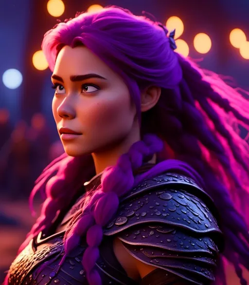 Prompt: <mymodel>CGI Animation, digital art, 20-year-old-old viking woman with light blue eyes, she looks very angry, standing in a battle arena at night, purple hair with purple strands, single braid down her shoulder with a tiara, unreal engine 8k octane, 3d lighting, close up camera shot on the face, full armor