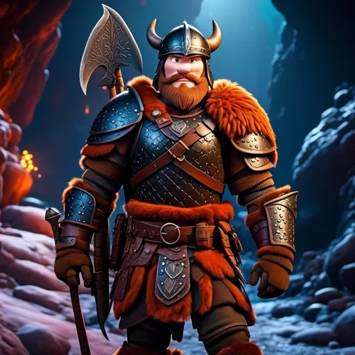Prompt: <mymodel>Animated CGI style, male viking with a helmet, bright colored armor and gear, standing in a dimily lit cave, realistic textures, high quality, vibrant color palette, atmospheric lighting