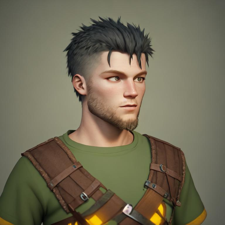 Prompt: Digital art, 22-year-old viking man, viking gear, black hair, short black stubble beard, hazel eyes, yellow viking gear, adventurer, unreal engine 8k octane, 3d lighting