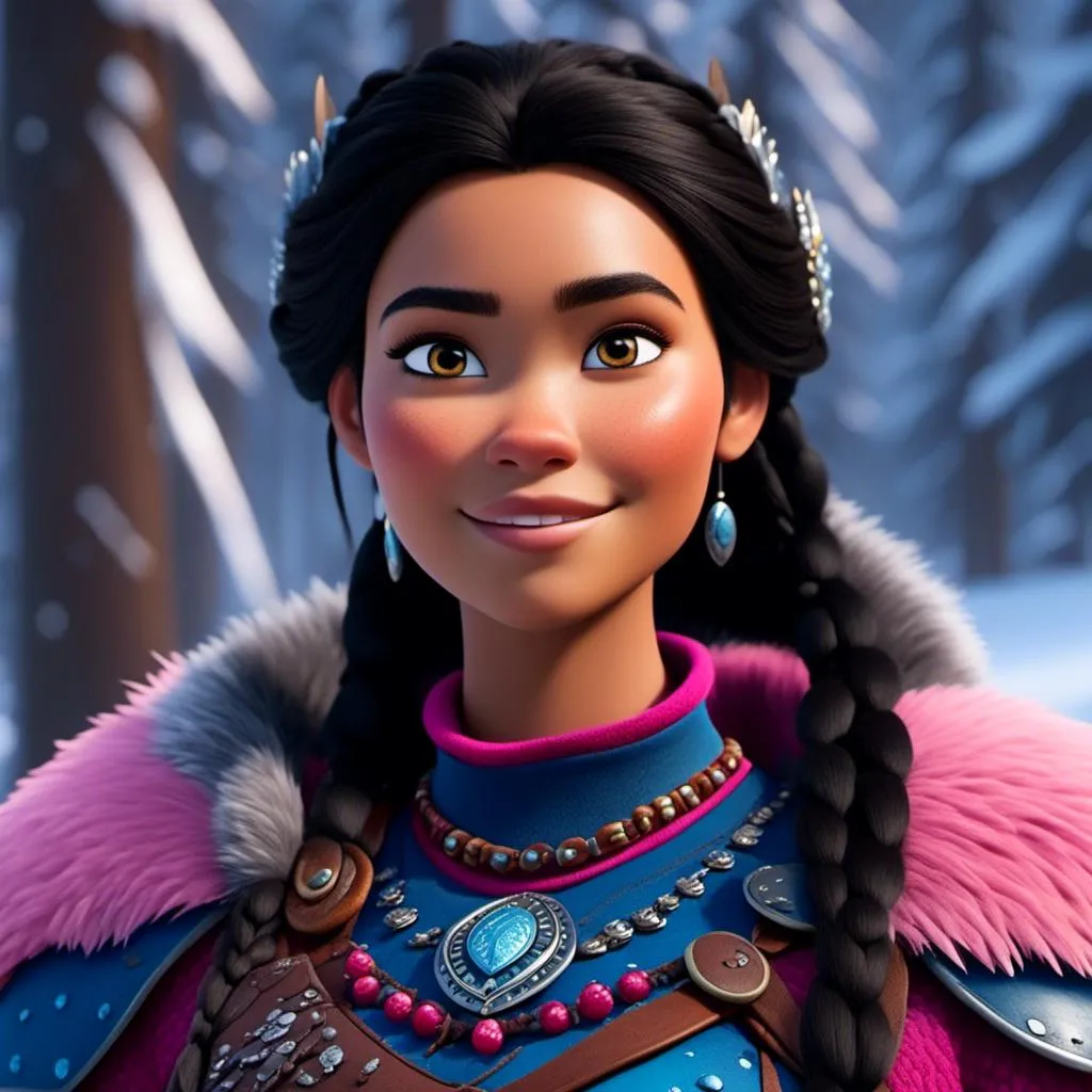 Prompt: <mymodel>CGI Animation, close-up portrait of the face, 20-year-old-old viking woman of royalty standing in the forest, a snowy scene, {{pink gear, blue armor}}, black hair, beads in hair pulled back for straight hair, subtle smile, unreal engine 8k octane, 3d lighting, close up camera shot on the face, full armor