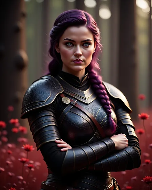 Prompt: <mymodel>25-year-old viking woman, arms crossed, standing in the dimly lit forest with red-leaved weeds, messy and dirty hair, single braid of hair down her shoulder, she has a mad expression, light blue eyes, dirty armor, black gear, bright black armor, black textures and highlights, with glowing lights, short focus, blurry background, unreal engine 8k octane, 3d lighting, full body, full armor