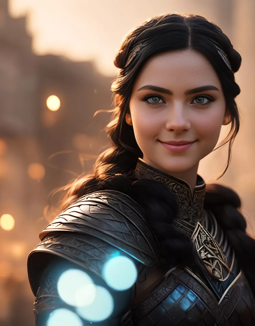 Prompt: she has black hair, create most beautiful fictional female princess viking warrior, hopeful smile, black hair, light blue eyes, extremely detailed environment, detailed background, intricate, detailed skin, professionally color graded, photorealism, 8k, moody lighting