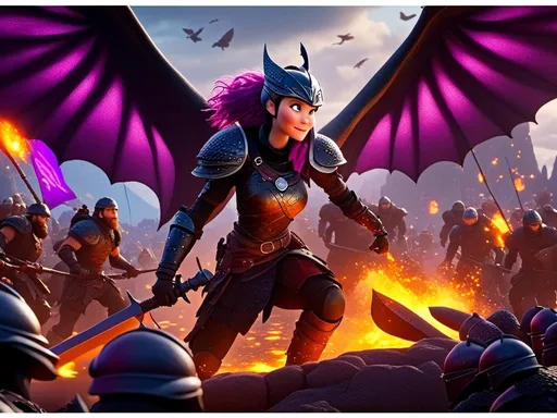 Prompt: <mymodel>CGI Animation, digital art, 20-year-old-old viking woman with light blue eyes and purple hair, intensely looking over battle orders with her troops, black dragon scale helmet covering face, dragon wings coming out from her back, movie poster, armory lit with torches, black clothes, black dragon scaled colored armor, purple hair, single braid down her shoulder with a gold tiara, subtle smile, unreal engine 8k octane, 3d lighting, close up camera shot on the face, full armor