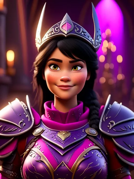 Prompt: <mymodel>CGI Animation, digital art, 20-year-old-old viking woman of royalty standing in The Great Hall on the Isle of Berk, {{purple gear, pink armor}}, black hair, straight hair with a tiara, subtle smile, unreal engine 8k octane, 3d lighting, close up camera shot on the face, full armor