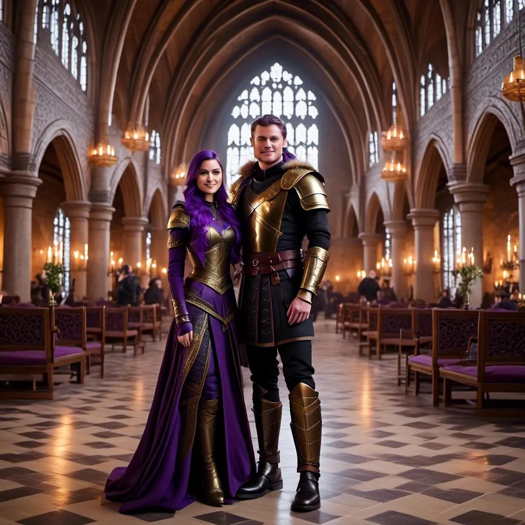 Prompt: Photo of <mymodel> standing in The Great Hall with her husband Jarl Everson who is 24-years old who has brown (((short))) wavy hair