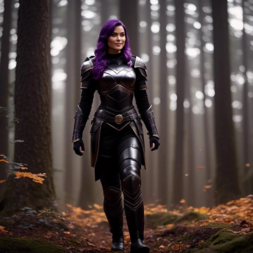 Prompt: <mymodel>25-year-old viking woman, subtle smile, light blue eyes, black gear, bright black armor, wearing an iron-man like suit of armor, black textures and highlights, standing in the forest, short focus, blurry background, unreal engine 8k octane, 3d lighting, full body, full armor