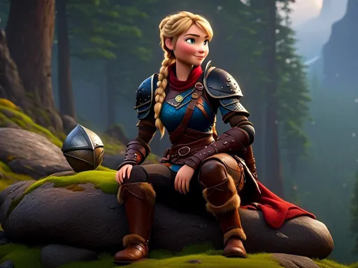 Prompt: <mymodel>CGi Animation, 20-year-old viking woman with blue eyes, a rainy scene, she is sitting on a boulder in a forest with it raining, the viking woman has a subtle smile, blonde hair in a ponytail style, she has blue gear, gold armor, black pants, black boots
