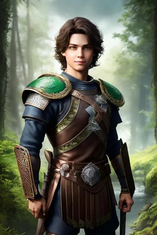 Prompt: he has short brown hair, with a smile, create most handsome fictional male prince viking warrior, short brown hair, light green eyes, extremely detailed environment, detailed background, intricate, detailed skin, professionally color graded, photorealism, 16k, moody lighting