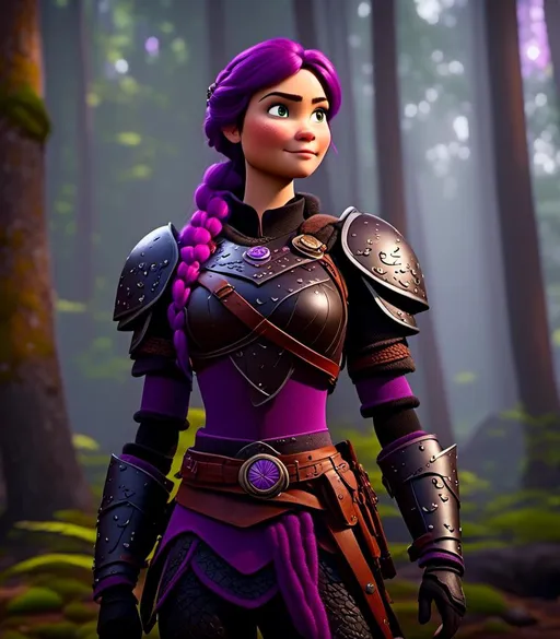 Prompt: <mymodel>CGI Animation, digital art, 20-year-old-old viking woman of royalty standing in a dimly lit thick forest with trees everywhere, dense fog, light blue eyes, {{black gear, purple armor}}, purple hair, single braid down her shoulder with a tiara, subtle smile, unreal engine 8k octane, 3d lighting, close up camera shot on the face, full armor