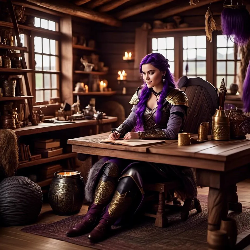 Prompt: Photo of <mymodel> casually relaxing sitting at a desk in her viking house