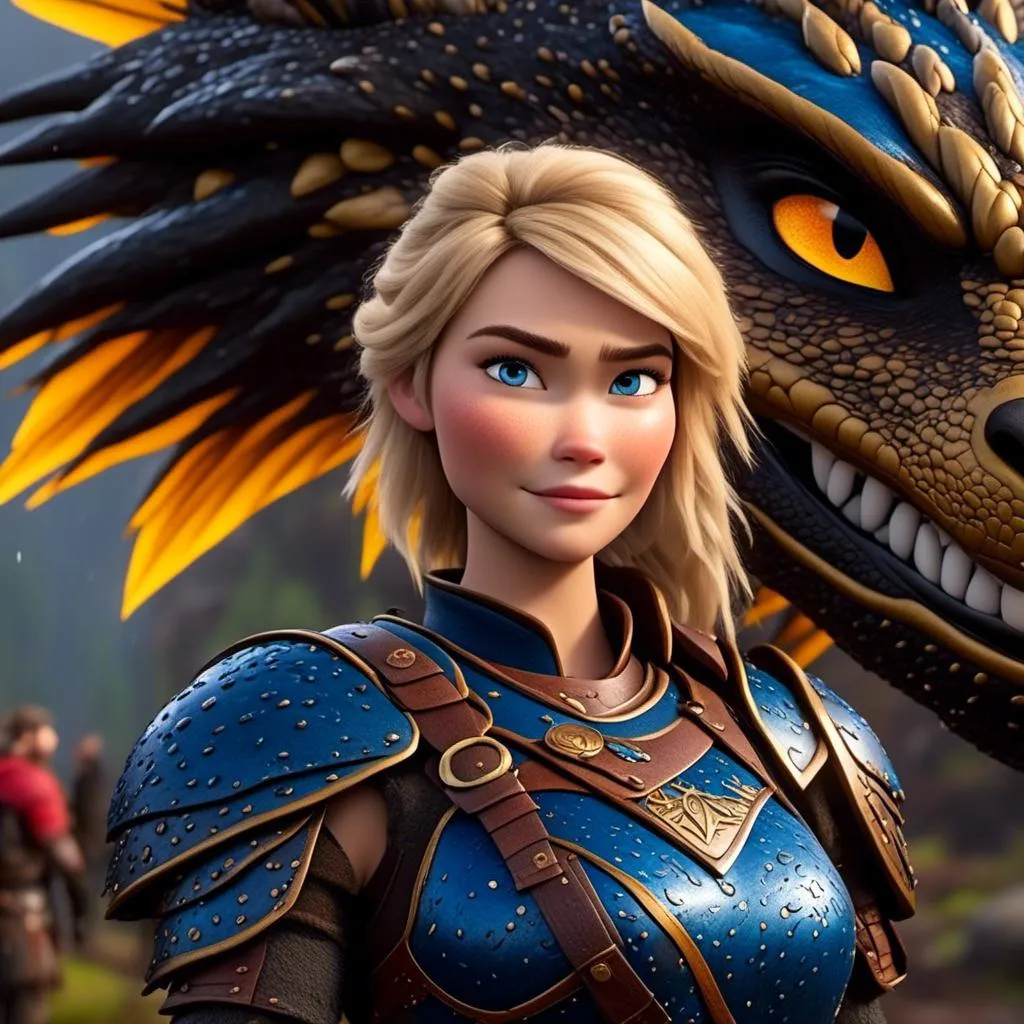Prompt: <mymodel>CGi Animation, 20-year-old viking woman with blue eyes, a rainy scene, the viking woman has a subtle smile, blonde hair, she has blue gear, gold armor, black pants, black boots, she is standing next to a bright blue dragon with gold highlights, unreal engine 8k octane, 3d lighting, full body, full armor