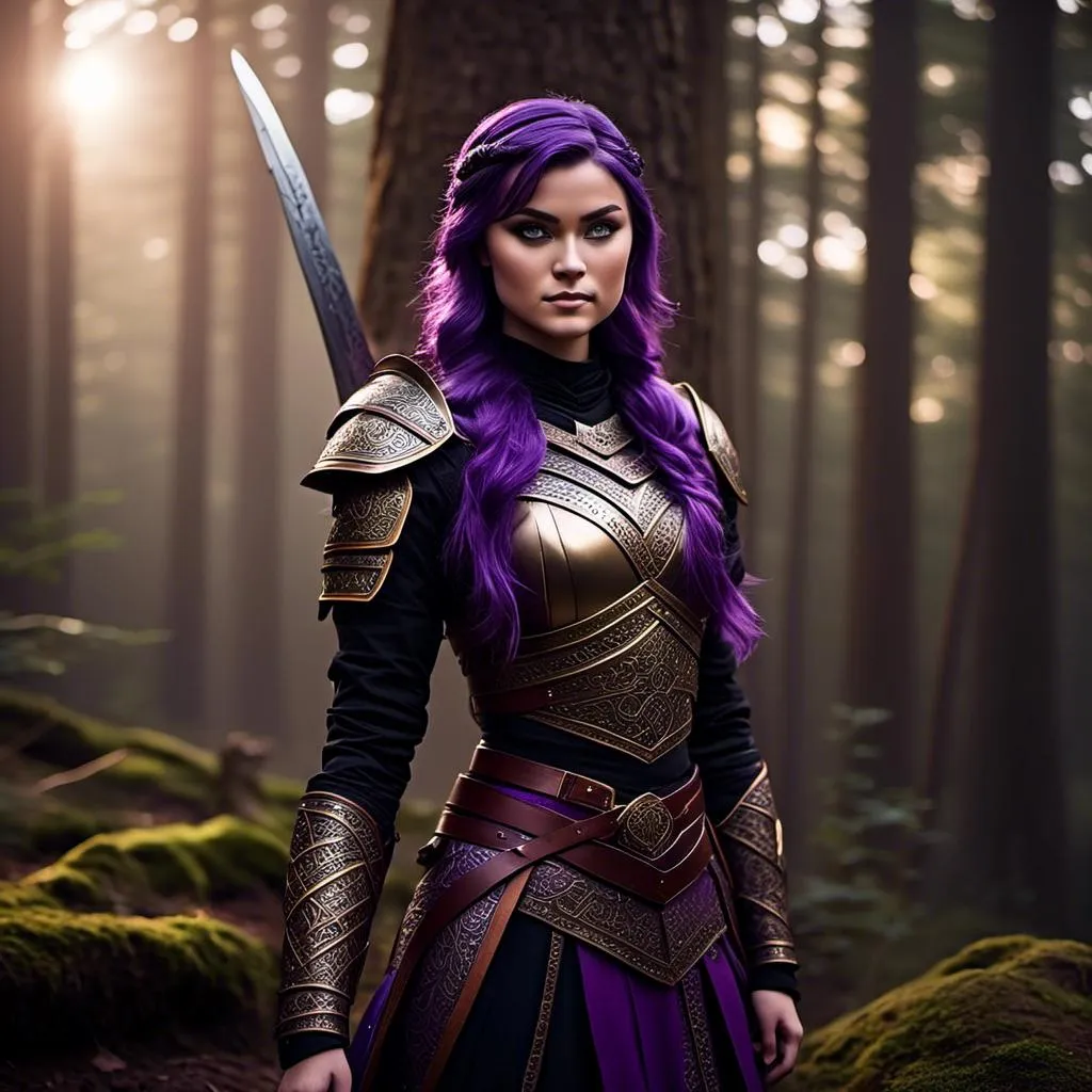 Prompt: A photo of <mymodel> standing in a forest with her sword drawn ready for a fight