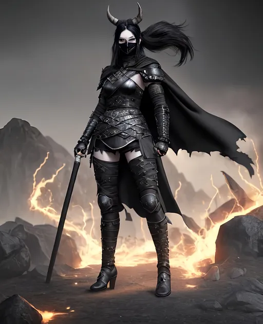 Prompt: Digital Art, a sinister viking woman fully in-cased in black armor, black mask with ponytail coming from helmet, black cape, black bracers, black pants, black boots, unreal engine 8k octane, 3d lightning