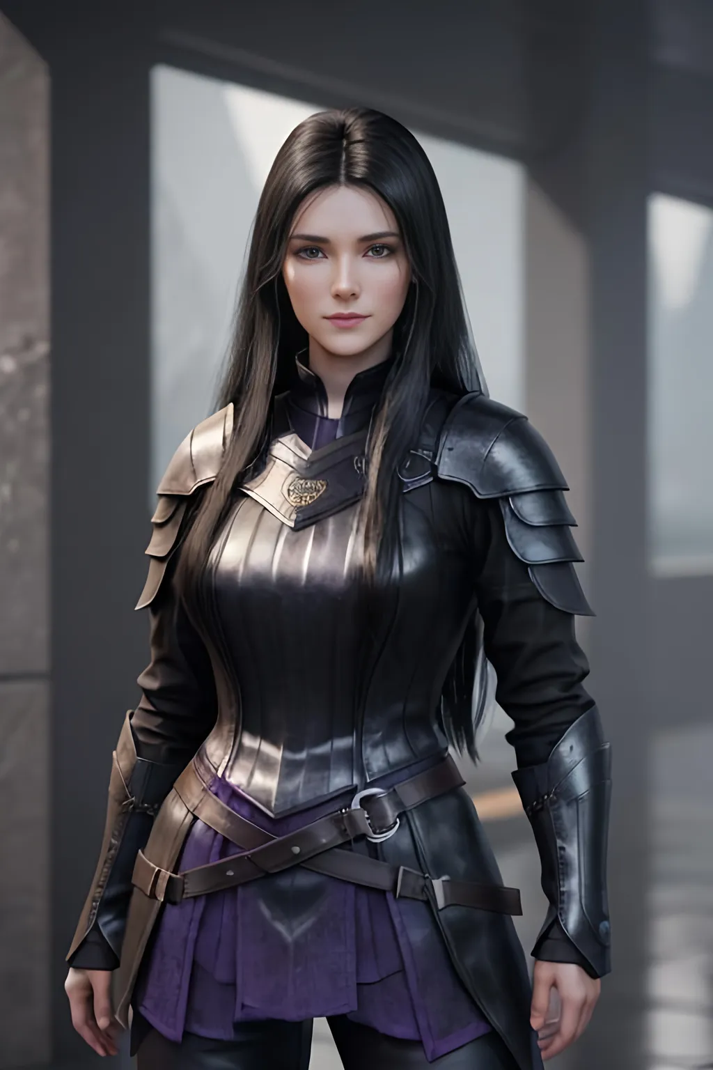 Prompt: Digital Art, 25-year-old viking woman, subtle smile, black straight hair, dark purple eyes, a dark purple long-sleeve shirt, textured skirt down to knees, dark purple pants, dark purple armor, long black hair with volume, middle part in hair, leather boots, dark purple gear, unreal engine 64k octane, hdr, 3d lighting, full body, full armor