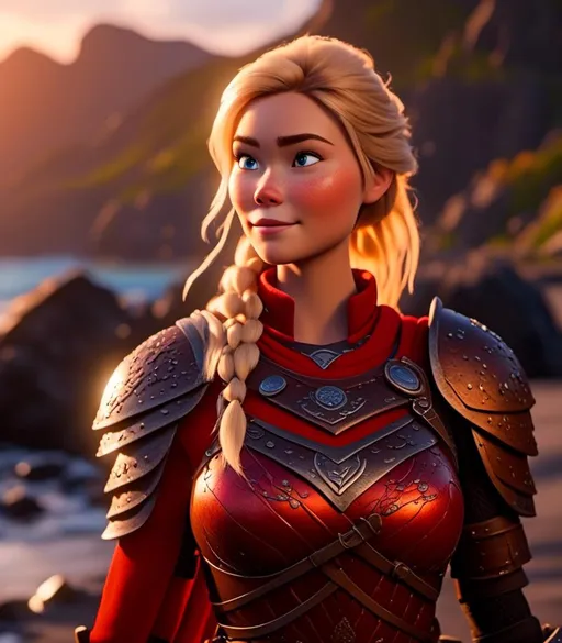 Prompt: <mymodel>CGI Animation, digital art, 20-year-old-old viking woman with light blue eyes standing around several hot springs on a beach, sunset lighting, blue clothes, red colored armor, blonde straight hair, subtle smile, unreal engine 8k octane, 3d lighting, cinematic lighting, camera shot of full armor from head to toe