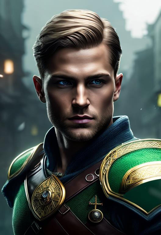 Prompt: he has short brown comb over hair, create most handsome fictional male prince viking warrior, short brown hair, light green eyes, extremely detailed environment, detailed background, intricate, detailed skin, professionally color graded, photorealism, 8k, moody lighting