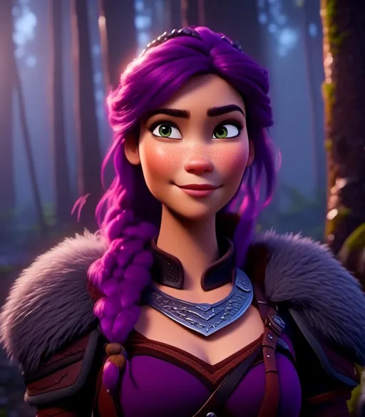 Prompt: <mymodel>CGI Animation, digital art, 20-year-old-old viking woman of royalty standing in a dimly lit forest with fog, light blue eyes, {{black gear, purple armor}}, purple hair, single braid down her shoulder with a tiara, subtle smile, unreal engine 8k octane, 3d lighting, close up camera shot on the face, full armor