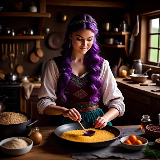 Prompt: Photo of <mymodel> working in the kitchen preparing food in her viking house, she has light blue eyes