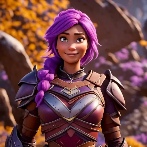 Prompt: <mymodel>CGi Animation, 20-year-old viking woman with one hair braid, caucasian, subtle smile, purple hair, light blue eyes, {{purple gear, purple armor}}, silver textures and highlights, unreal engine 8k octane, 3d lighting, full body, full armor