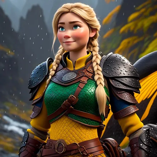 Prompt: <mymodel>CGi Animation, 20-year-old viking woman with one hair braid, rainy scene, subtle smile, blonde hair, blue eyes, green gear, green armor, yellow clothes, she is standing next to a blue dragon, yellow textures and highlights, unreal engine 8k octane, 3d lighting, full body, full armor