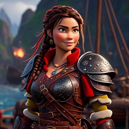 Prompt: <mymodel>CGI Animation, 20-year-old-old pirate woman, a rainy scene, {{brown gear, silver armor}}, brunette hair, dreadlocks, subtle smile, beads hair, small red earrings, multiple braids, straight hair, brown eyes, bracelets, rings on fingers, mercenary gear, unreal engine 8k octane, 3d lighting, full body, full armor