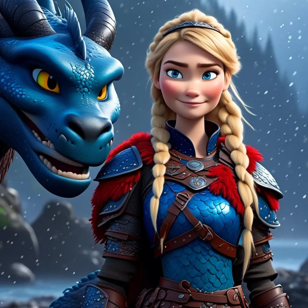 Prompt: <mymodel>CGi Animation, 20-year-old viking woman with blue eyes, a rainy scene, she is standing next to a bright blue dragon with red highlights, they are both in the rain, the viking woman has a subtle smile, blonde hair in a ponytail style, she has blue gear, red armor, black pants, black boots