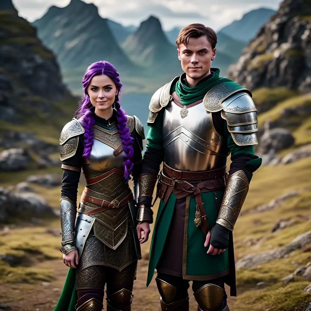 Prompt: Photo of <mymodel> standing next to her young husband Jarl Mollerson who has green gear and silver armor and ((short brown hair)), she is slightly shorter than him, Jarl Mollerson has a young looking face like hiccup