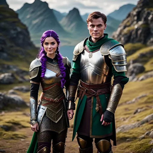 Prompt: Photo of <mymodel> standing next to her young husband Jarl Mollerson who has green gear and silver armor and ((short brown hair)), she is slightly shorter than him, Jarl Mollerson has a young looking face like hiccup