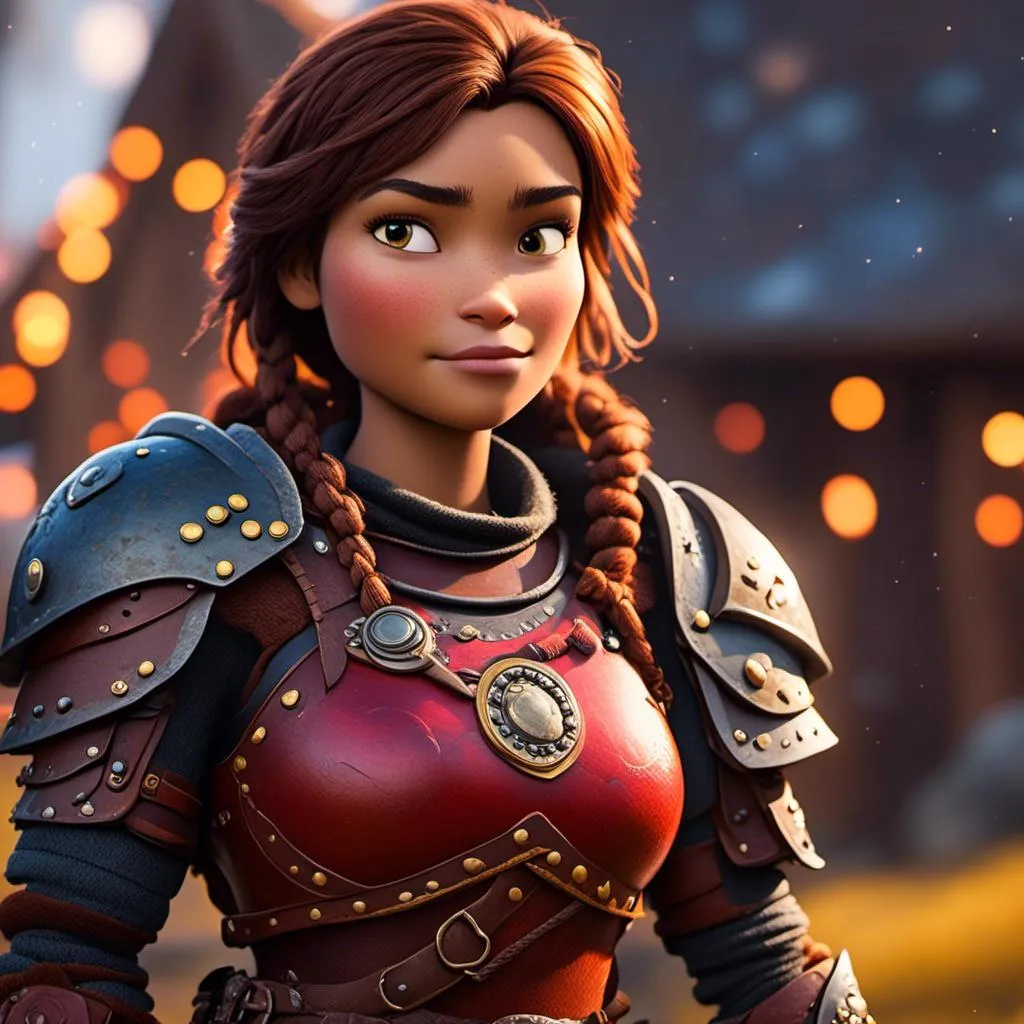 Prompt: <mymodel>CGI Animation of a viking female, brown hair in her face, hazel eyes, bright red gear and armor, she has heavy gauntlets on her hands with armored gloves, yellow highlights and textures, standing in a viking village, intricate details, high quality, digital painting, cool tones, dramatic lighting