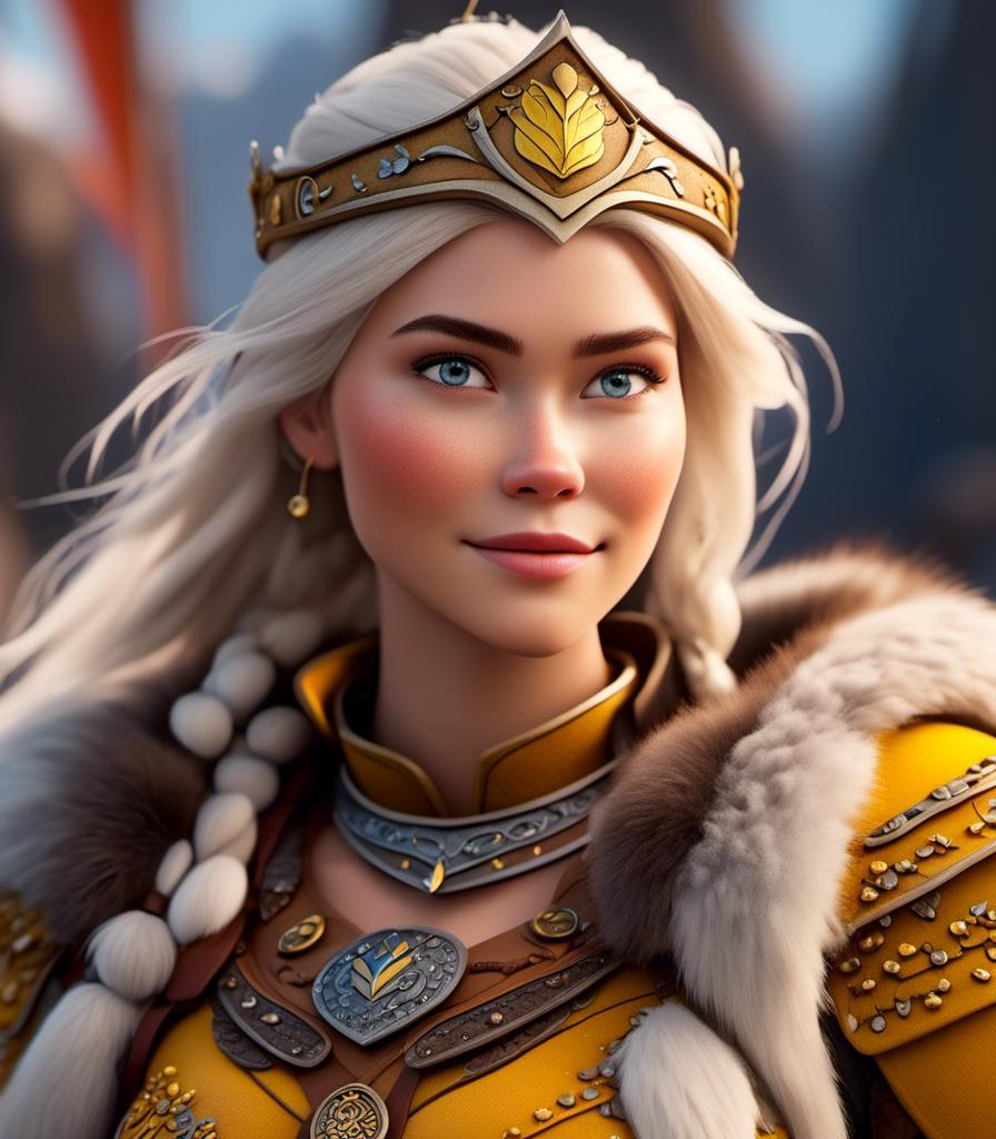 Prompt: <mymodel>CGI Animation, digital art, 20-year-old-old viking woman with light blue eyes, yellow clothes, gold colored armor, white hair, straight hair with a tiara, subtle smile, unreal engine 8k octane, 3d lighting, close up camera shot on the face, full armor