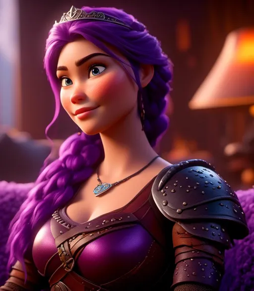 Prompt: <mymodel>CGI Animation, digital art, 20-year-old-old viking woman with light blue eyes, lying down on the couch in the living room, purple hair with purple strands, single braid down her shoulder with a tiara, subtle smile, unreal engine 8k octane, 3d lighting, close up camera shot on the face, full armor