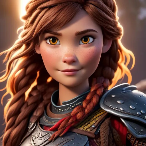 Prompt: <mymodel>CGI Animation of a viking female, brown hair with some braids, hazel eyes, bright red gear and armor, yellow highlights and textures, dragon scale textures and armor, intricate details, high quality, digital painting, cool tones, dramatic lighting