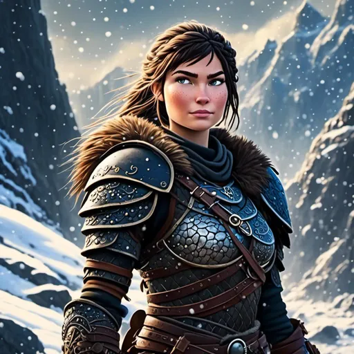 Prompt: <mymodel>digital art style of a fierce viking female warrior, detailed braided hair and battle scars, rugged and weathered armor, intense and determined gaze, snowy and rugged landscape, , fierce, warrior, detailed hair, battle scars, snowy landscape, intense gaze, weathered armor, dramatic lighting