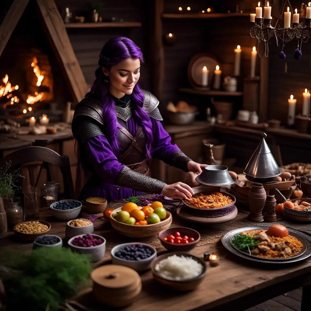 Prompt: Photo of <mymodel> setting the supper table with food prepared for two in her viking house