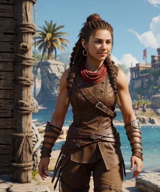 Prompt: Digital Art, 20-year-old pirate woman, muscular build, brown gear, brown shirt, brown pants, assassin's creed Odyssey armor, jeweled hair band, brunette hair, dreadlocks, subtle smile, beads hair, small red earrings, multiple braids, straight hair, blue eyes, bracelets, rings on fingers, mercenary gear, unreal engine 8k octane, 3d lighting, full body, full armor