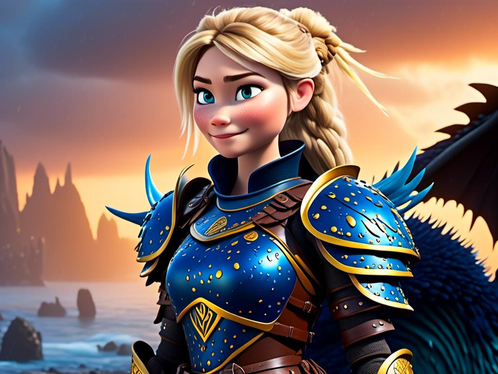 Prompt: <mymodel>CGi Animation, 20-year-old viking woman with blue eyes, a rainy scene, she is standing next to a bright blue dragon with gold highlights, they are both in the rain, the viking woman has a subtle smile, blonde hair in a ponytail style, she has blue gear, gold armor, black pants, black boots