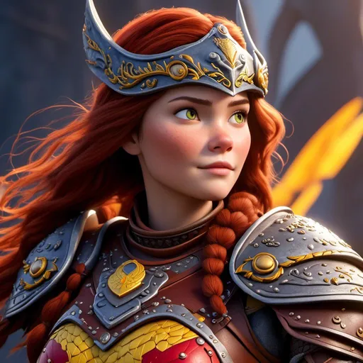 Prompt: <mymodel>CGI Animation of a viking female, brown hair, hazel eyes, bright red gear and armor, yellow highlights and textures, intricate details, high quality, digital painting, cool tones, dramatic lighting