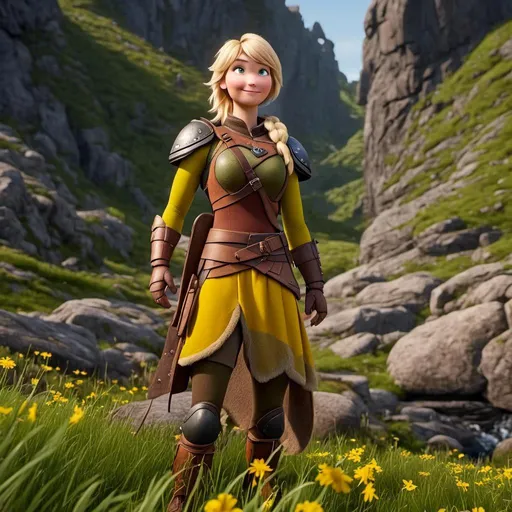 Prompt: <mymodel>CGi Animation, 20-year-old viking woman with one hair braid, subtle smile, blonde hair, blue eyes, green gear, green armor, yellow clothes, yellow textures and highlights, unreal engine 8k octane, 3d lighting, full body, full armor