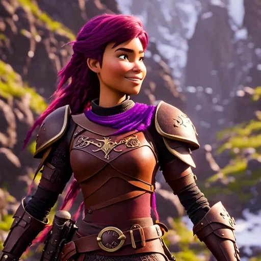 Prompt: <mymodel>CGi Animation, 20-year-old viking woman with one hair braid, subtle smile, purple hair, light blue eyes, purple gear, purple armor, silver textures and highlights, unreal engine 8k octane, 3d lighting, full body, full armor