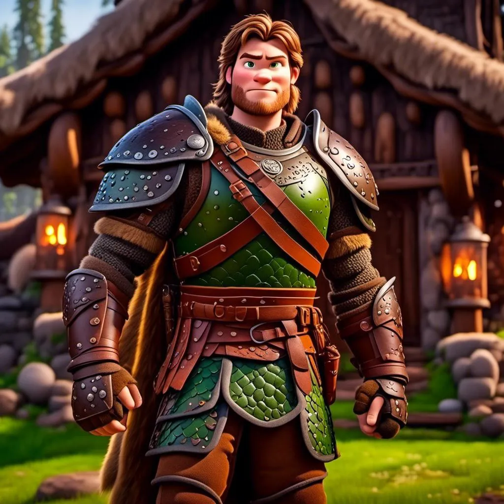 Prompt: <mymodel>Male viking warrior, standing in viking house, brown semi-wavy hair, green eyes, green armor, brown gear, brown pants, brown boots, historical, strong and natural lighting