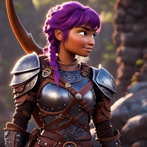 Prompt: <mymodel>Animated CGI style of a fierce ((Caucasian white)) Viking female about 25 years old, ((purple hair with a single braid)), detailed facial features, leather armor, battle axe and shield, intense and determined expression, dynamic and powerful pose, high definition, CGI, detailed armor, fierce female, Nordic designs, battle-ready, dynamic pose, professional lighting