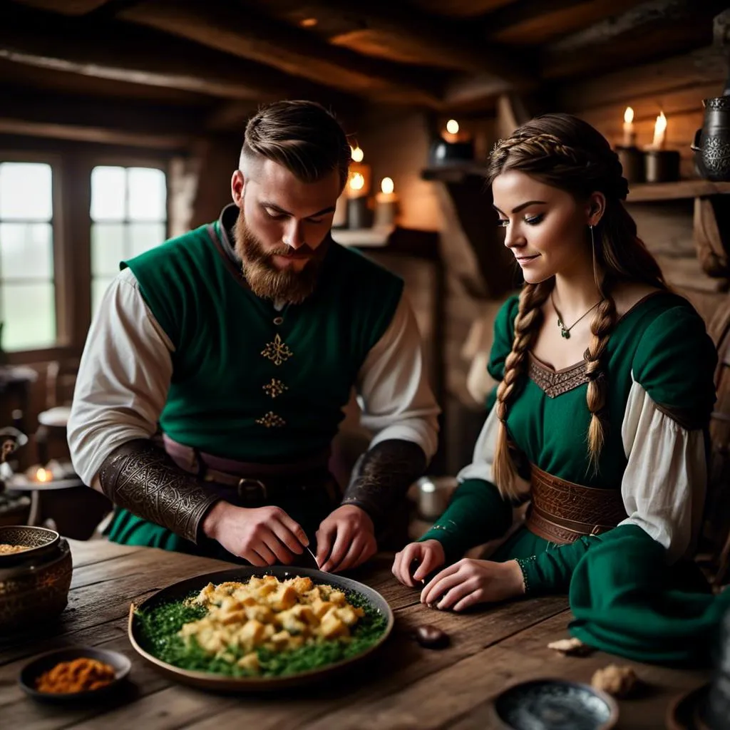 Prompt: Photo of a young <mymodel> setting the supper table with her husband a young Jarl Mollerson with green clothes short brown hair and no beard in their viking house