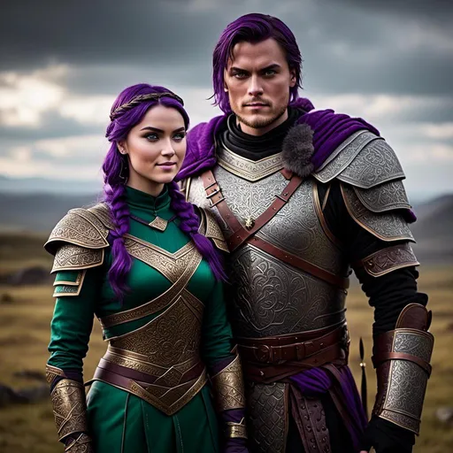 Prompt: Photo of <mymodel> standing next to her young husband Jarl Mollerson who has green gear and silver armor and ((short brown hair)), she is slightly shorter than him, Jarl Mollerson has a young looking face like hiccup