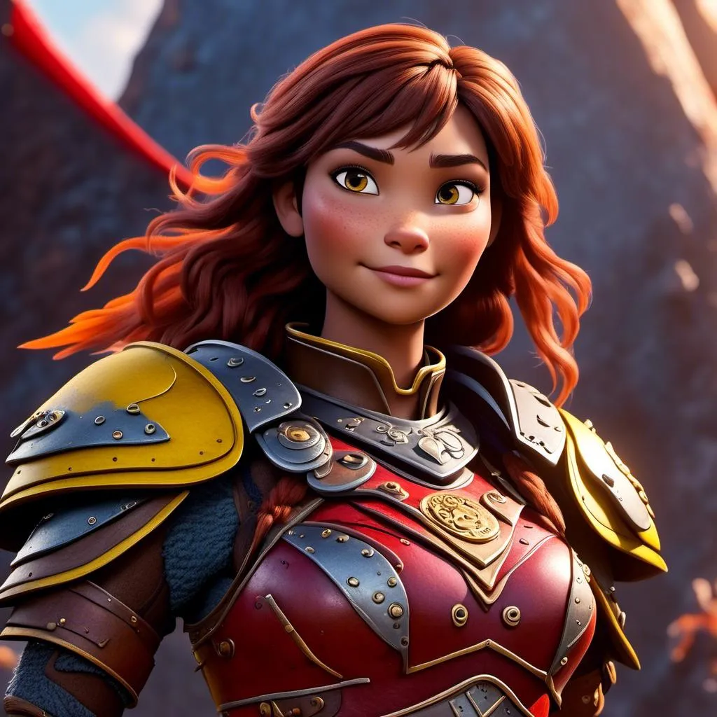 Prompt: <mymodel>CGI Animation of a viking female, brown hair, hazel eyes, bright red gear and armor, yellow highlights and textures, intricate details, high quality, digital painting, cool tones, dramatic lighting