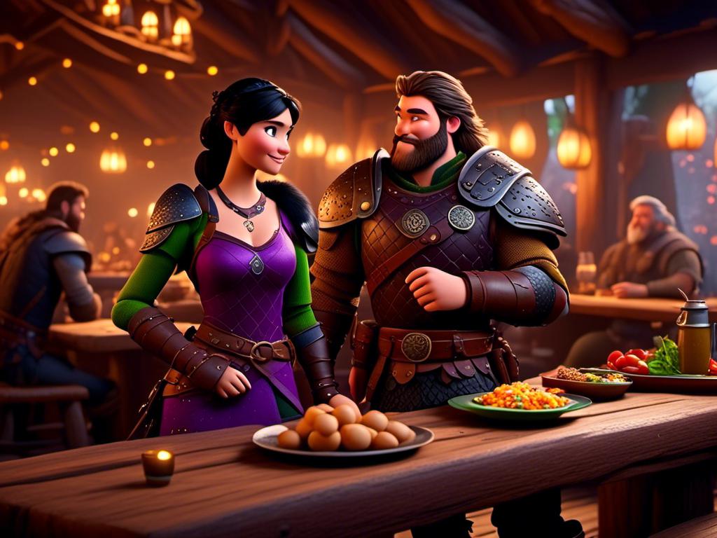 Prompt: <mymodel>CGI Animation, digital art, 20-year-old-old viking woman of royalty standing a busy tavern having a meal with her husband Jarl, Jarl is clean shaven, {{the woman has purple armor}}, black hair, straight hair with a tiara, subtle smile, Jarl has green armor and brown gear, unreal engine 8k octane, 3d lighting, close up camera shot on the face, full armor